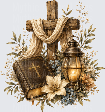 Rustic Wooden Cross with Draped Linen Bible Vintage Lantern and Wildflower Botanical Arrangement