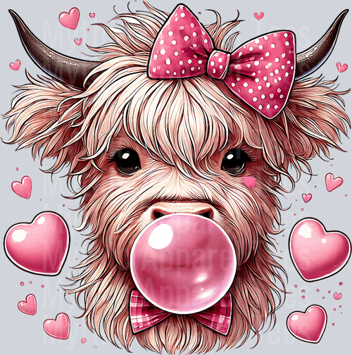 Valentines Day Highland Cow with bubble gum DTF Highland Cow Transfers