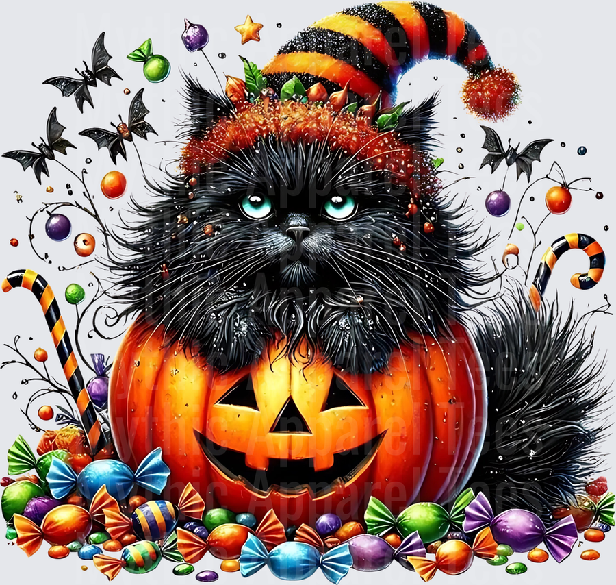 Fluffy Black Cat with Blue Eyes Sitting on Jack-O-Lantern Wearing Striped Witch Hat Surrounded by Halloween Candy and Bats