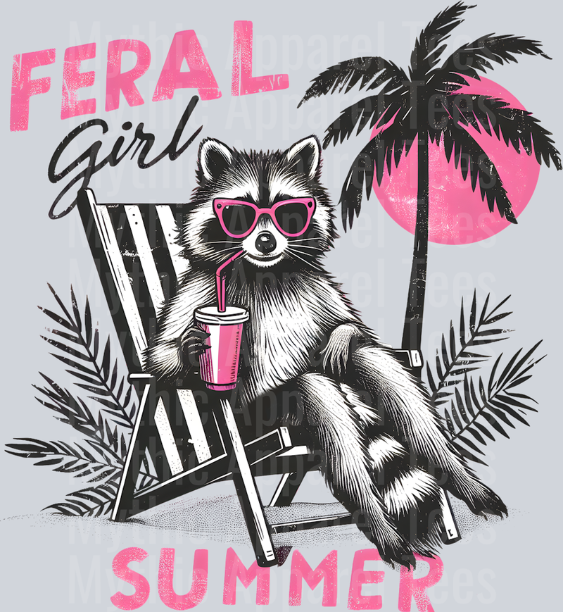 Feral girl summer palm tree and pink glasses on racoon DTF Racoon Transfers