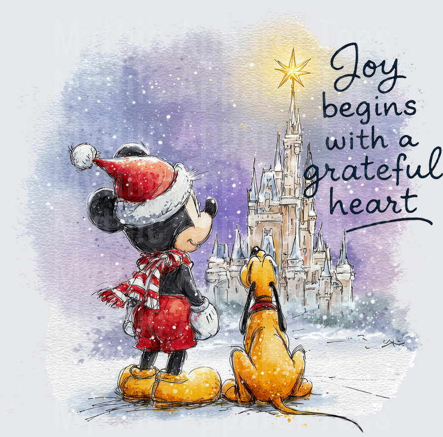 Mickey Mouse and Pluto Christmas Watercolor Cinderella Castle Snow Scene Joy Begins With A Grateful Heart