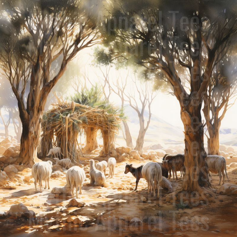 Nativity Sheep and Goats by Desert Straw Shelter Watercolor