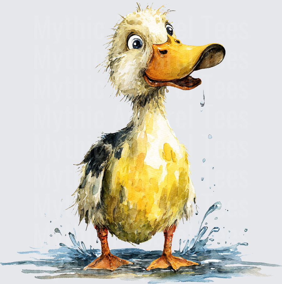 Cute Watercolor Wet Duckling Splashing in Puddle with Messy Feathers and Big Eyes