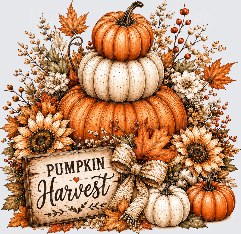 Pumpkin Harvest Stacked Pumpkins Rustic Wood Sign Sunflowers Autumn Leaves Burlap Bow Fall Floral Arrangement