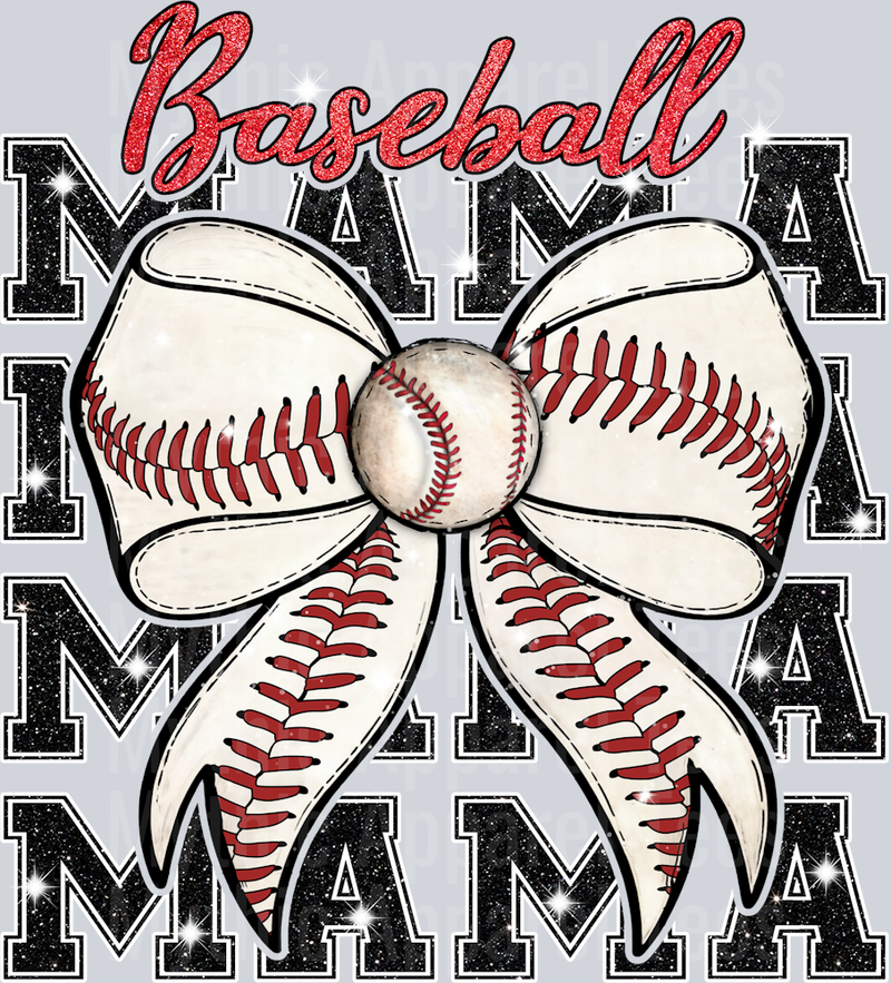 Baseball mama with red and black text red stitches on bow cute DTF Sports Transfers