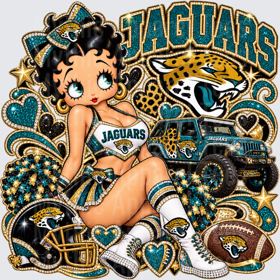 Betty Boop Jacksonville Jaguars Cheerleader with Bedazzled Jeep Helmet and Football Glitter Fan Design