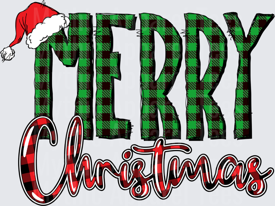 Merry Christmas Green and Red Buffalo Plaid Letters with Santa Hat Holiday Design