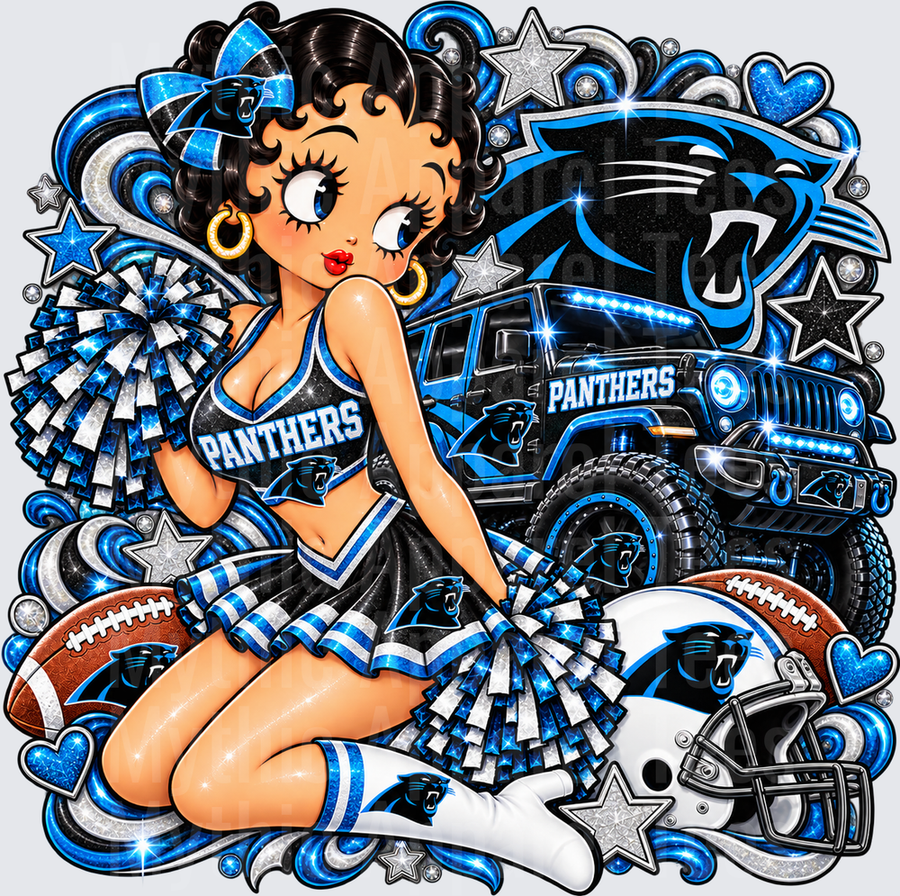 Betty Boop Carolina Panthers Cheerleader with Jeep Helmet and Football Glitter Fan Design
