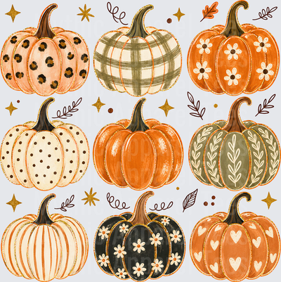 Fall Designs Boho Pumpkin Patch Collection with Leopard Print Plaid Floral Polka Dot Striped Sage Green Leaf Black Daisy and Heart Patterns