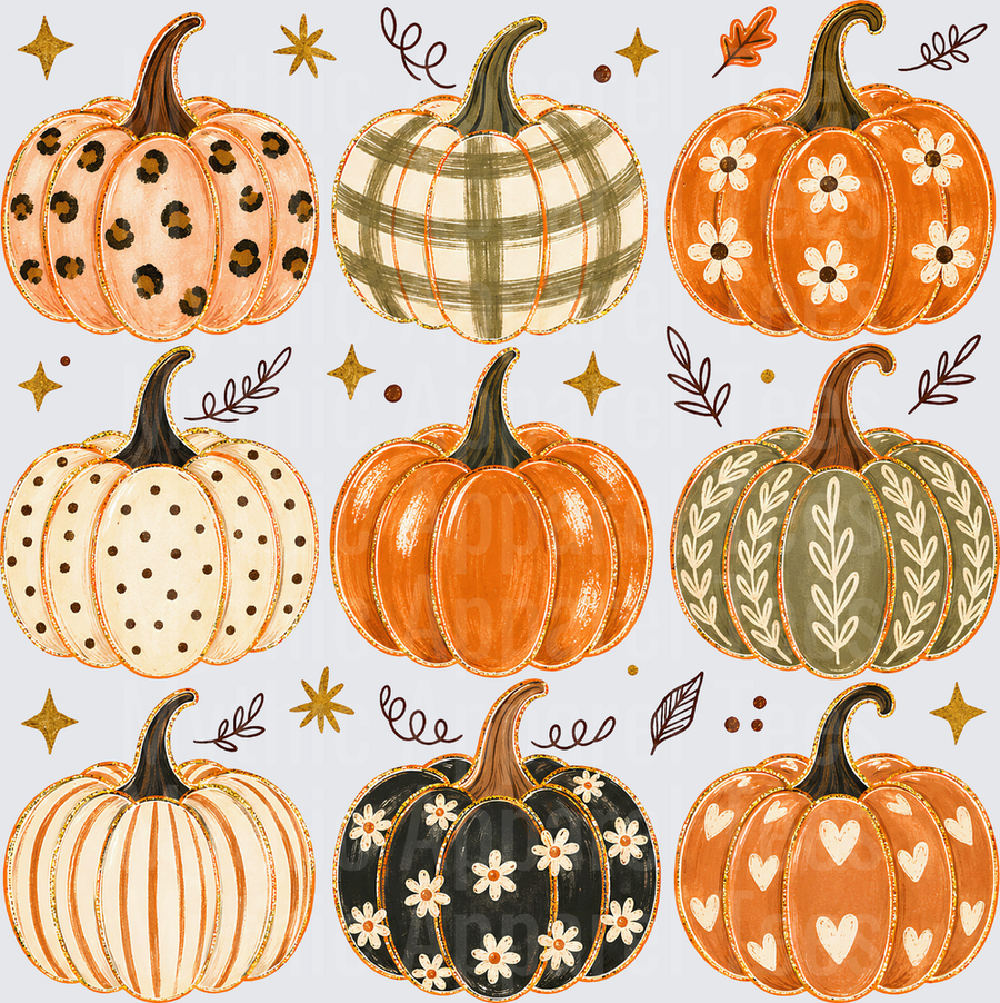 Fall Designs Boho Pumpkin Patch Collection with Leopard Print Plaid Floral Polka Dot Striped Sage Green Leaf Black Daisy and Heart Patterns