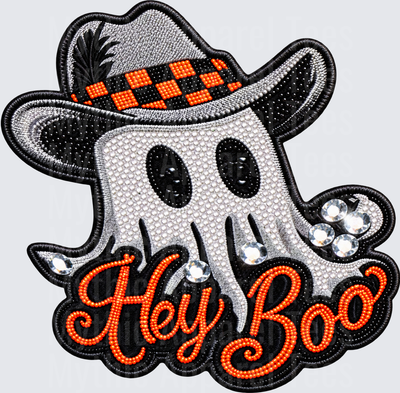Halloween Hey Boo Rhinestone Cowboy Ghost with Orange Checkered Hat Embroidered Patch Style Design