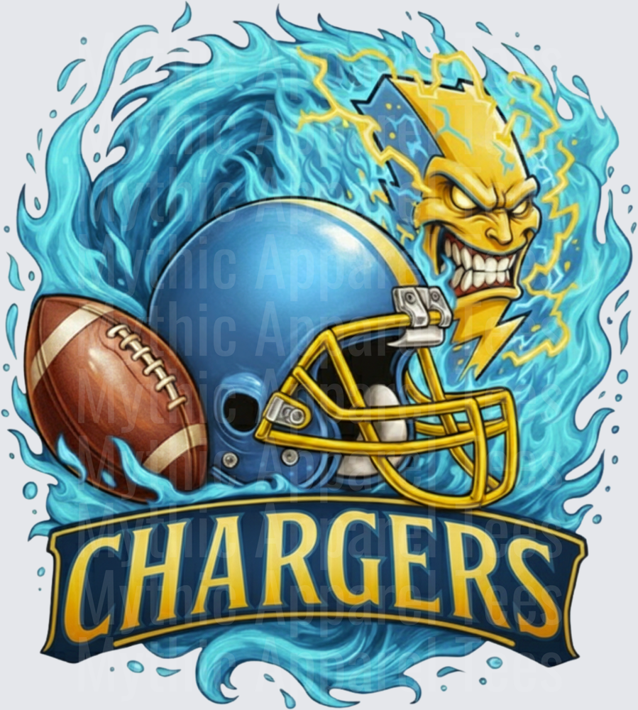 Chargers Fierce Lightning Bolt Mascot Blue Helmet Football Blue Fire Flames