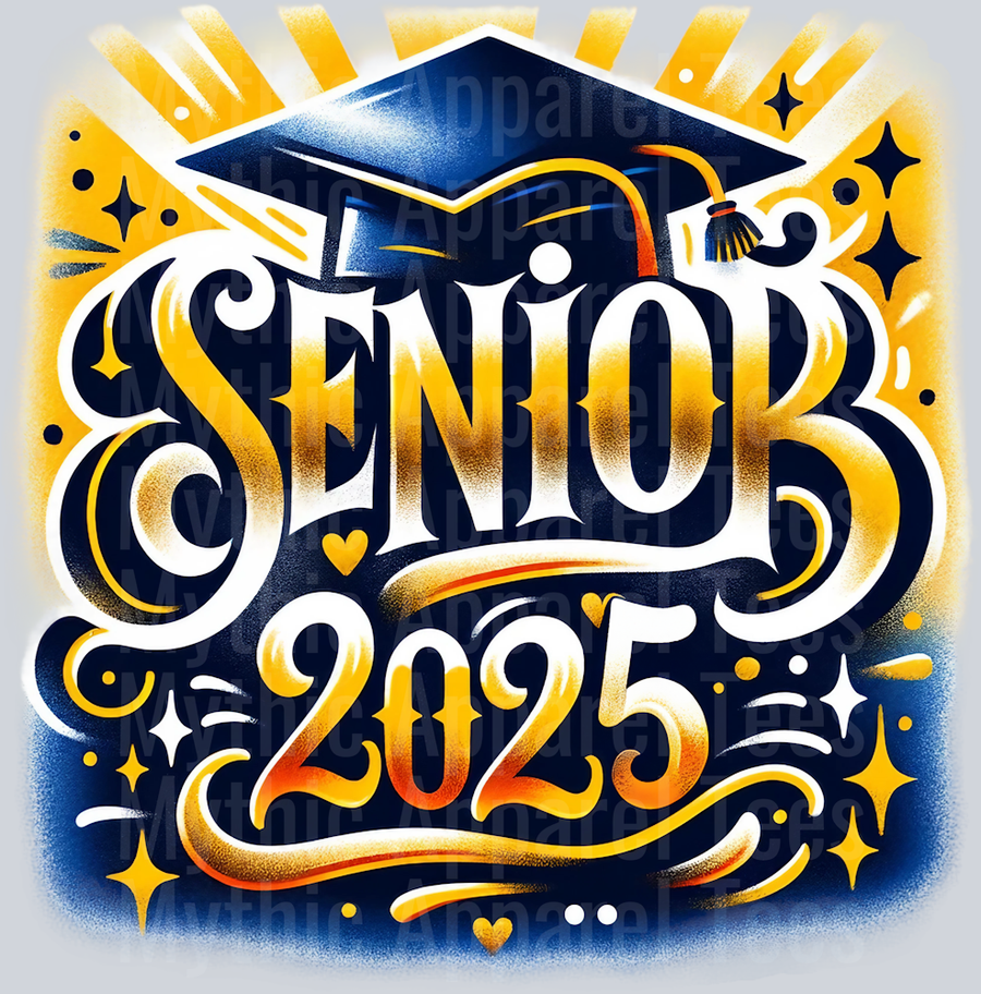 0033 Senior 2025 Airburshed Gold and Blue DTF 2025 Senior Graduation Transfers