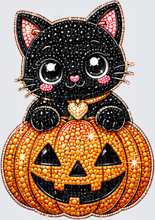 Halloween Bling Sparkly Kawaii Black Cat Sitting on Glittery Jack-O-Lantern with Heart Charm Collar