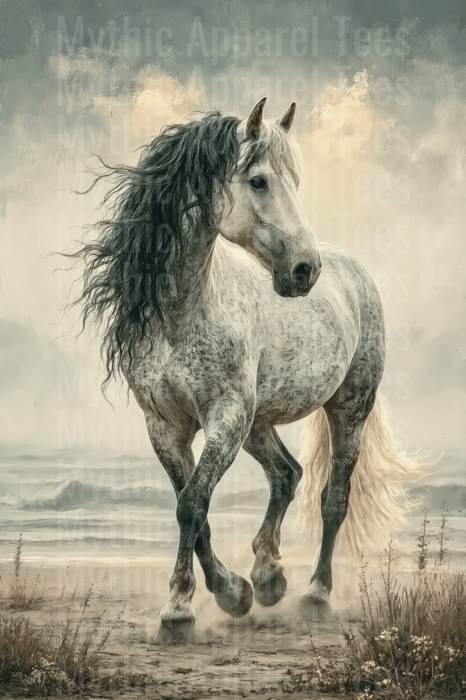 Majestic Dapple Gray Horse with Dark Flowing Mane Running Along Misty Beach Shore Oil Painting Style