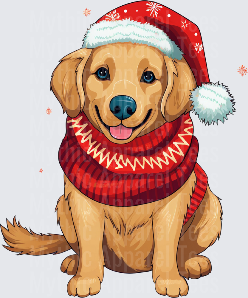 Smiling Golden Retriever Wearing Santa Hat and Red Knit Scarf with Snowflakes