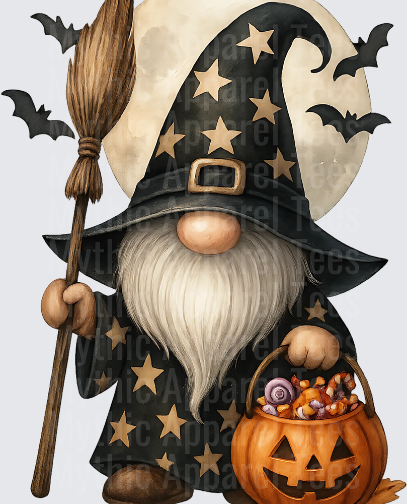 Halloween Witch Gnome with Broomstick Jack-O-Lantern Candy Bucket Full Moon and Bats Star Robe