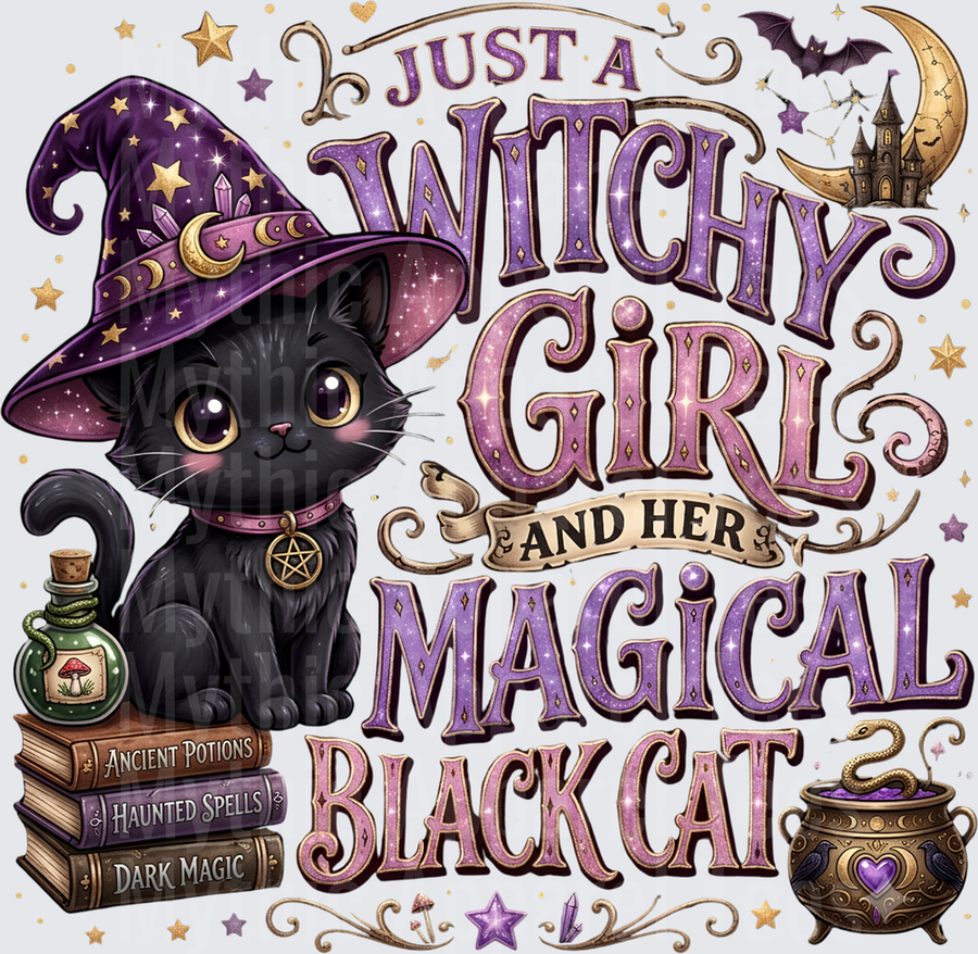 Just A Witchy Girl And Her Magical Black Cat Cute Kitten Witch Hat Spell Books Cauldron Halloween
