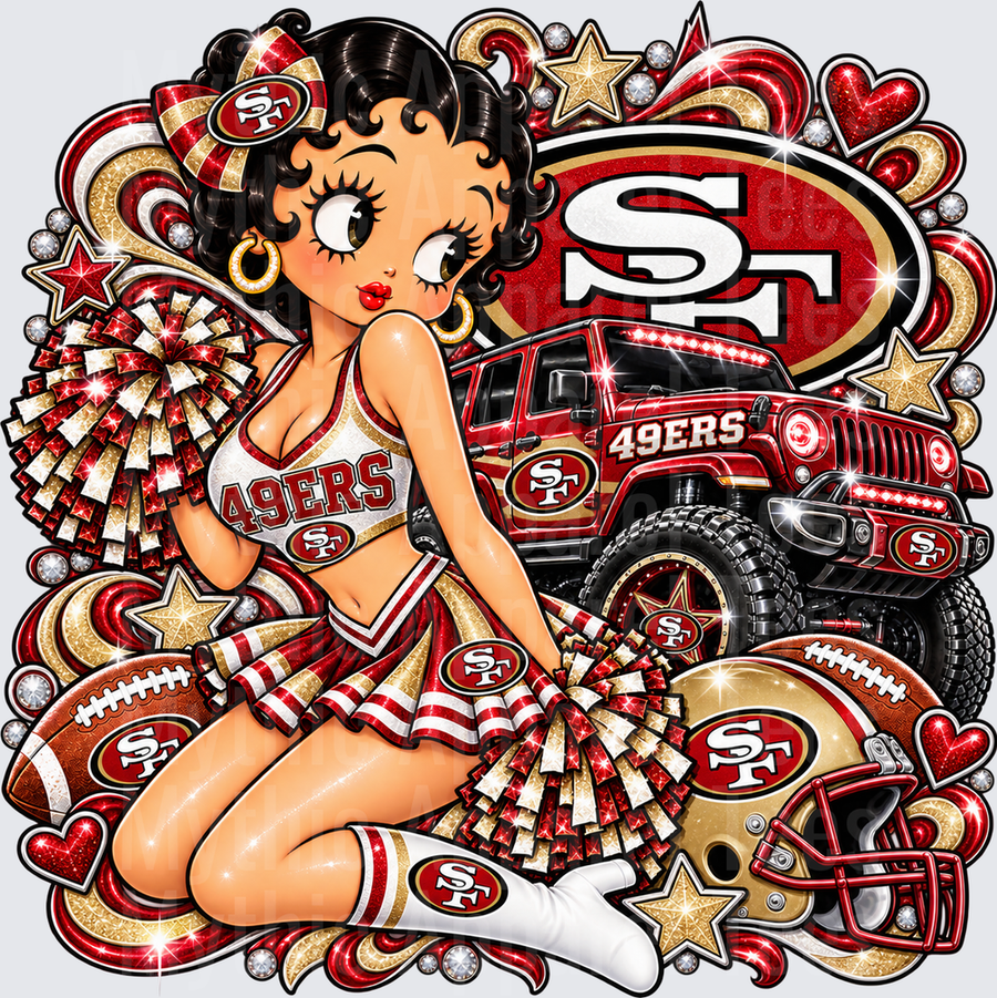 Betty Boop San Francisco 49ers Cheerleader with Lifted Jeep Helmet and Pom Poms Glitter Fan Design