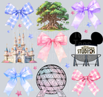 Disney Orlando Parks, Coquette DTF Transfers, Disney Transfers, Disney Bows, Mickey Mouse, Cinderella Castle, Hollywood Studios, Spaceship Earth, Whimsical Design, Fun Theme Park, Custom Apparel, DTF Transfer