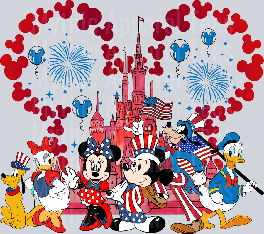 Patriotic Disney Castle with Mickey and Friends DTF Patriotic Disney Transfers