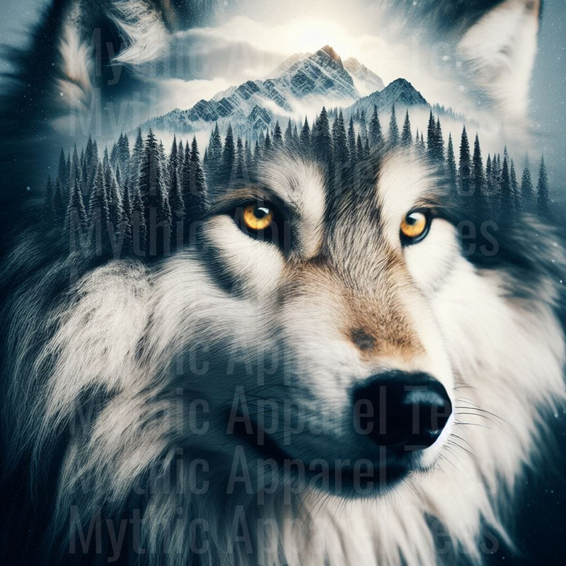 Majestic Wolf Double Exposure with Snow-Capped Mountain Peak and Pine Forest Wilderness