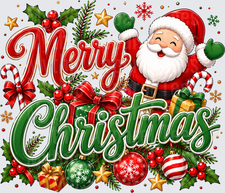 Merry Christmas Santa Claus Waving with Holiday Ornaments Candy Canes Holly Berries and Gift Boxes Festive Design