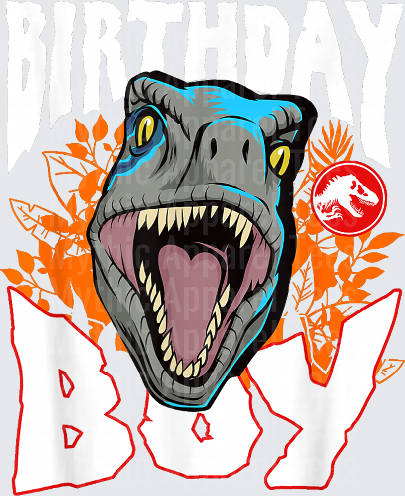 Jurassic World Birthday Boy Blue Raptor Roaring Head with Orange Tropical Leaves