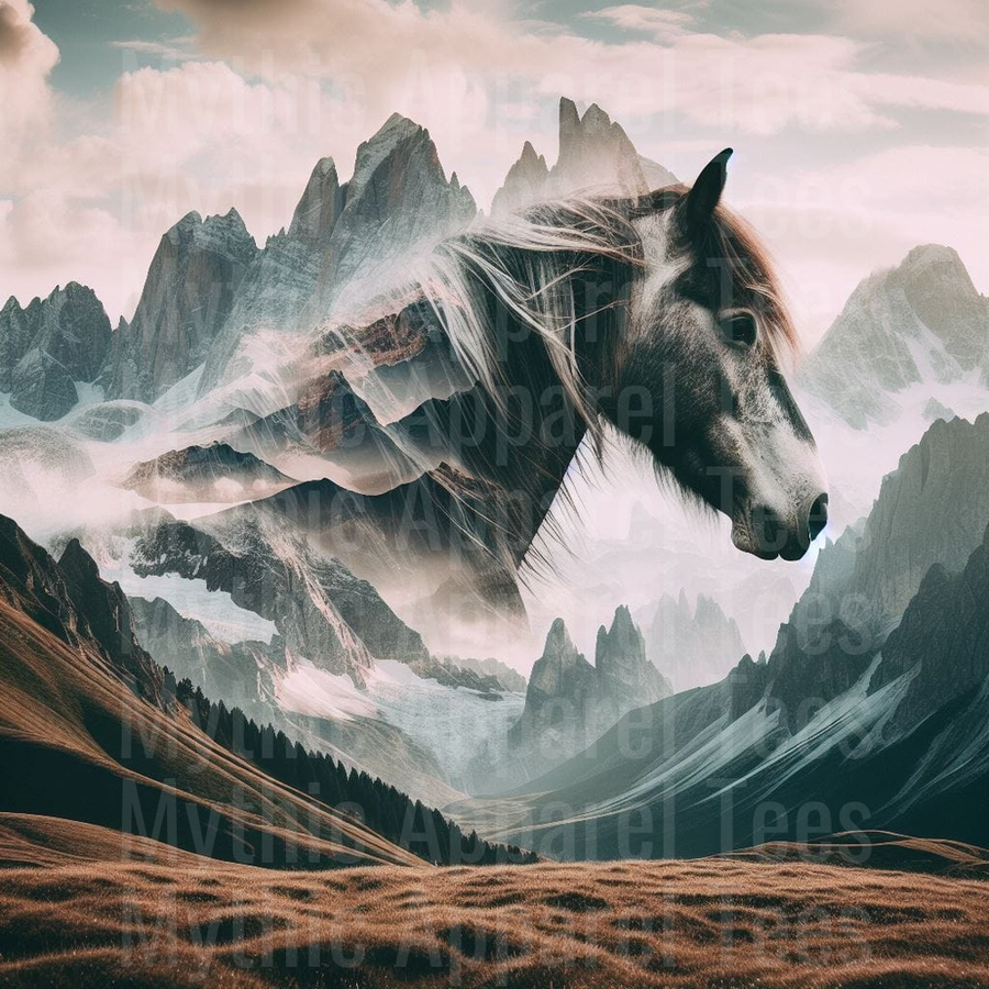 Wild Horse Double Exposure Mountain Landscape Misty Rocky Peaks Flowing Mane Nature Fusion