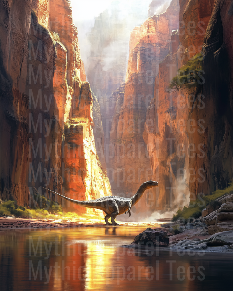 Raptor Dinosaur Wading Through Sunlit Red Rock Canyon River Gorge