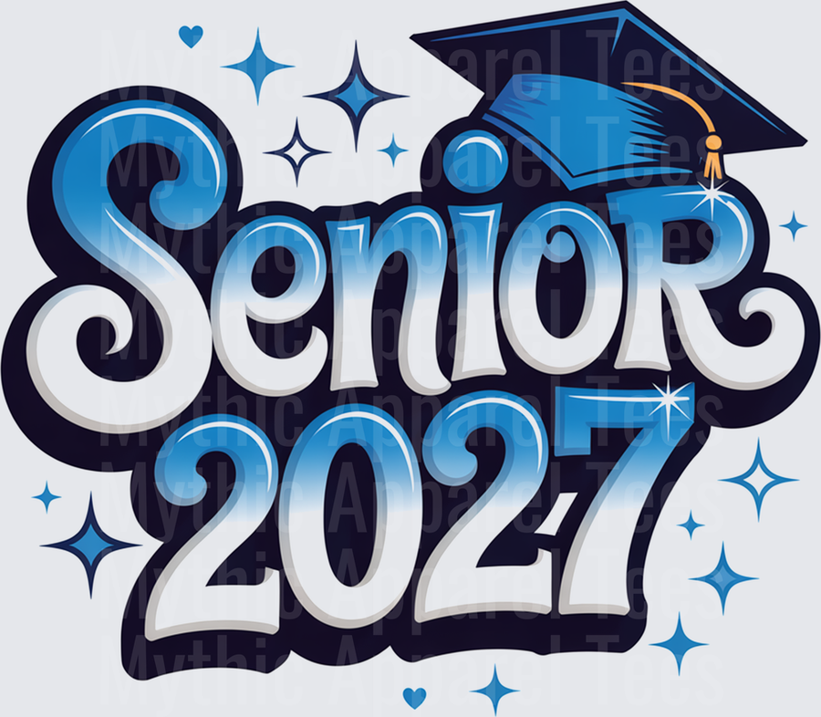 Senior 2027 Blue Gradient Graduation Cap Sparkle Bold Typography