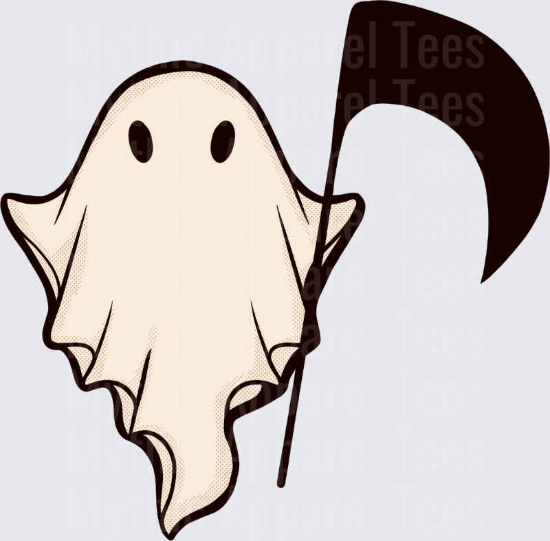 Cute Ghost Holding Grim Reaper Scythe Halloween Spooky Sheet Ghost with Oval Eyes