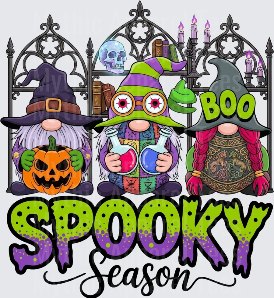 Three Halloween Witch Gnomes Spooky Season Boo Gothic Arch with Skull Candles and Jack-o-Lantern Potion Bottles