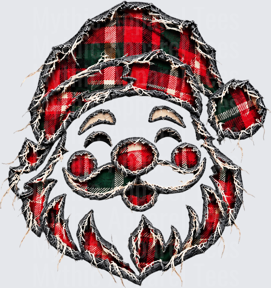 Rag Quilt Style Santa Claus Face Red and Green Buffalo Plaid Frayed Fabric Patchwork Holiday Design