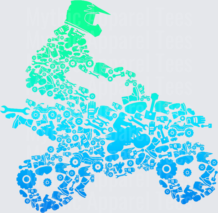 ATV Rider Mosaic Silhouette Made of Off-Road Icons Green to Blue Gradient Four Wheeler Motocross Helmet Gear Collage