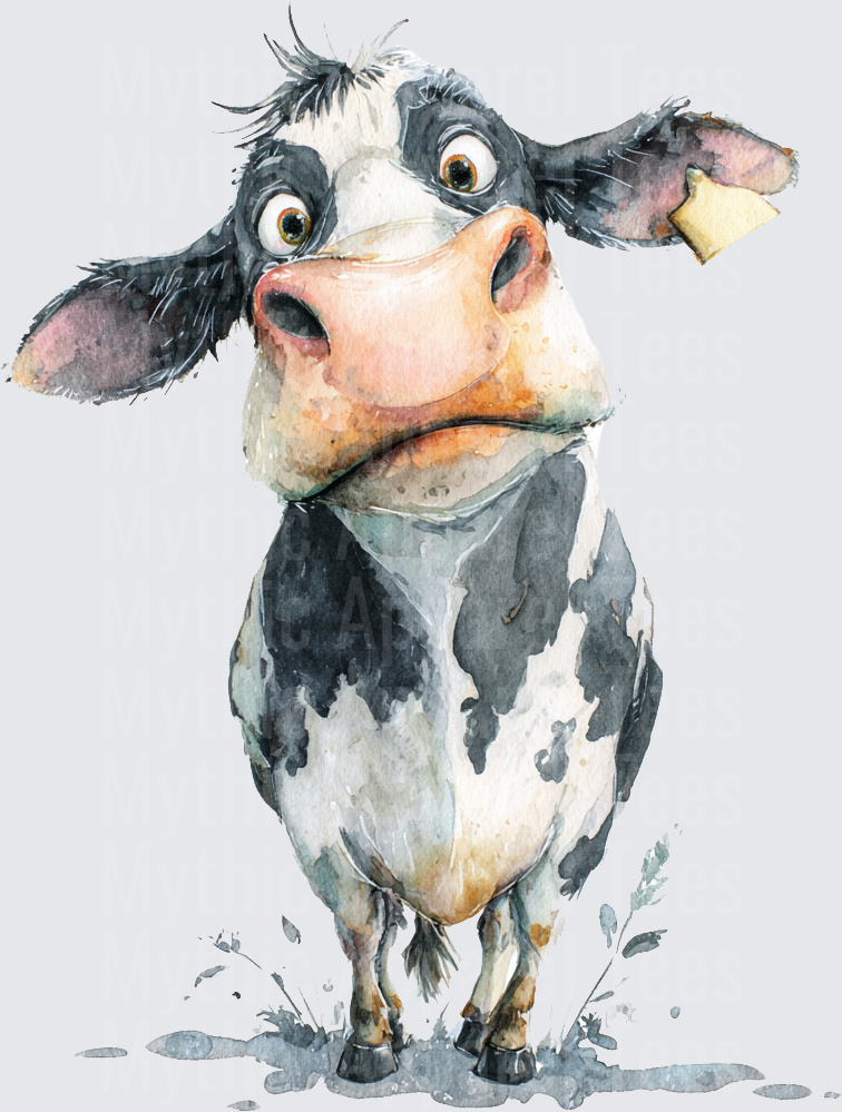 Funny Wide-Eyed Holstein Dairy Cow Watercolor Cartoon