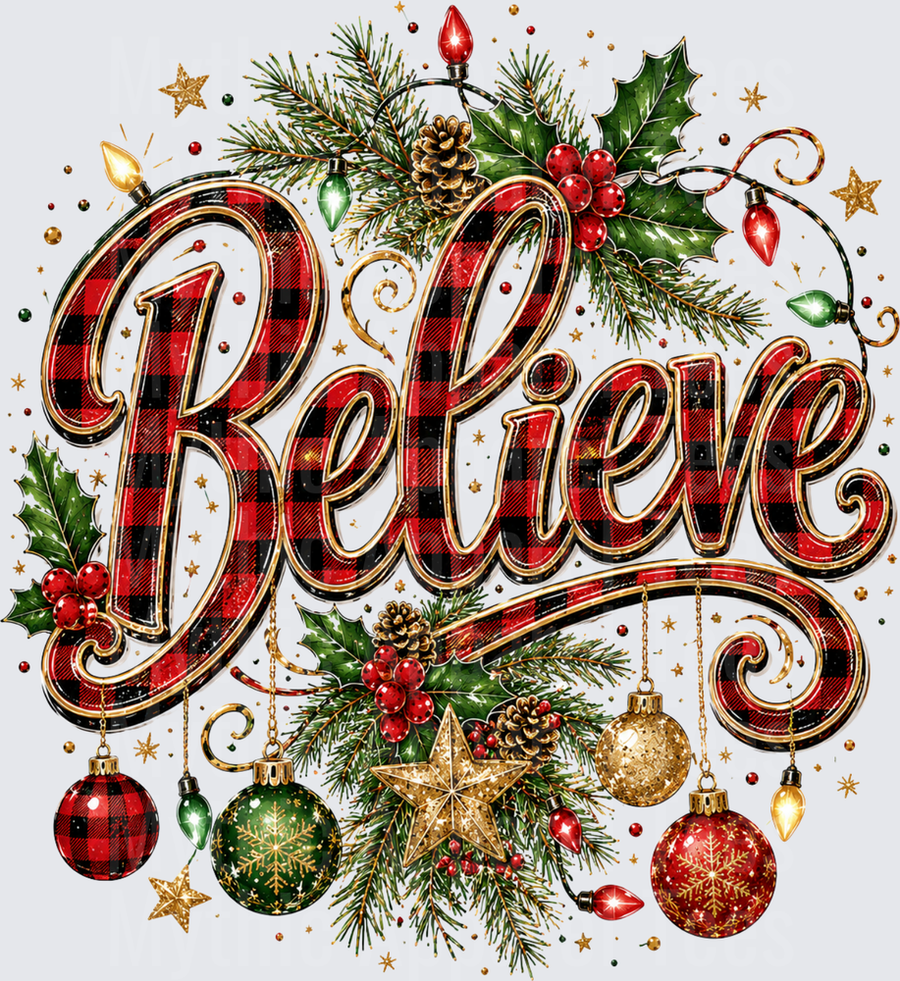 Believe Buffalo Plaid Script with Holly Pine Branches Christmas Ornaments and Fairy Lights Holiday Design