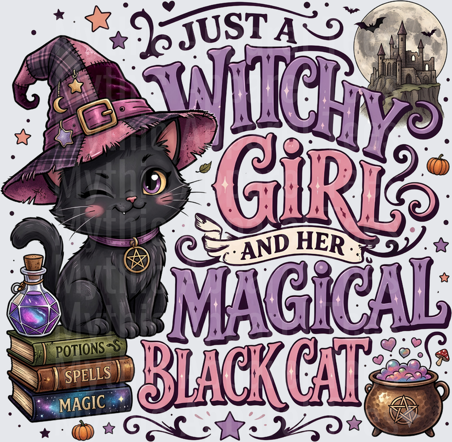 Just A Witchy Girl And Her Magical Black Cat Cute Witch Hat Black Kitten Spell Books Cauldron Halloween Design