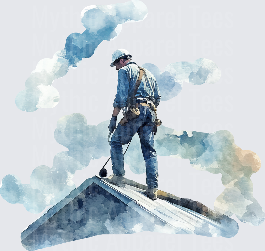 Watercolor Roofer Standing on Rooftop with Hard Hat and Tool Belt Surrounded by Clouds