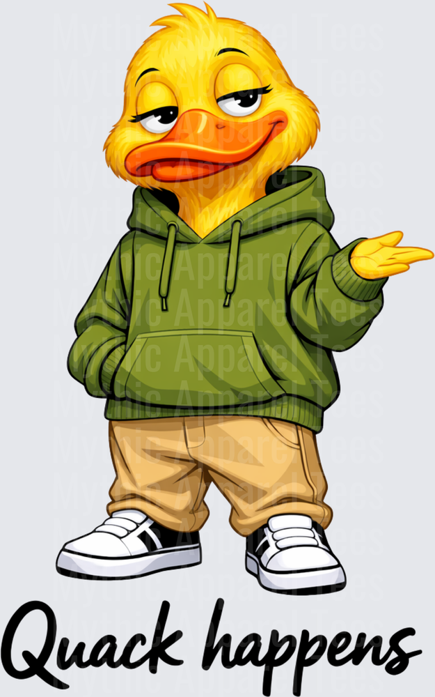 Funny Sarcastic Duck Wearing Green Hoodie Khaki Joggers Sneakers with Quack Happens Saying