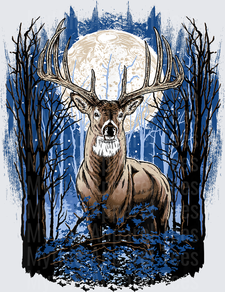 Majestic Whitetail Buck Full Moon Winter Forest Night Scene