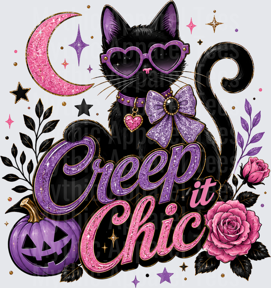 Halloween Creep It Chic Glam Black Cat with Heart Sunglasses Purple Bow Jack-o-Lantern Pink Roses Crescent Moon