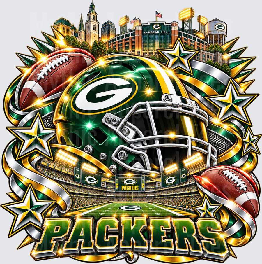 Green Bay Packers Bold Helmet Lambeau Field Stadium Collage with Gold Stars and Footballs