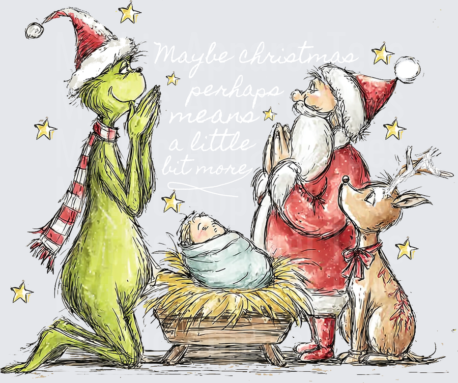 Grinch and Santa Claus Kneeling in Prayer at Baby Jesus Nativity Manger Scene with Reindeer and Stars