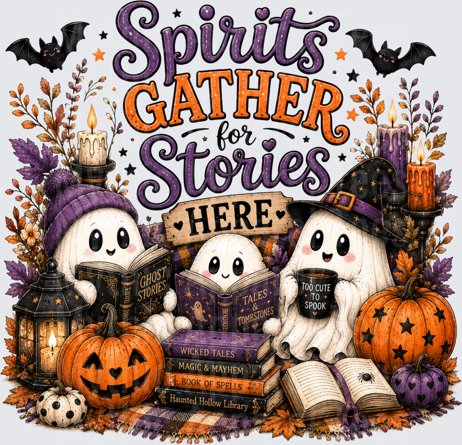 Spirits Gather For Stories Here Cute Ghost Trio Reading Halloween Books Pumpkins Candles Bats Autumn Leaves Haunted Hollow Library