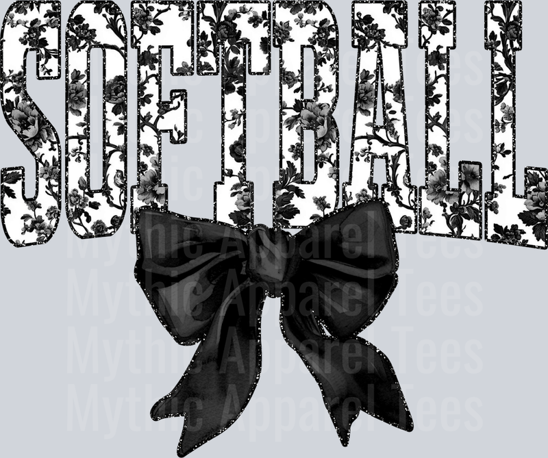 Black Softball School Spirit & Sports College Font Floral Pattern