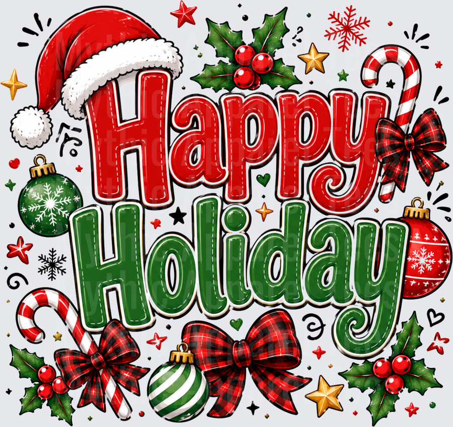 Happy Holiday Red Green Festive Typography with Santa Hat Candy Canes Plaid Bows Holly Berries and Ornaments
