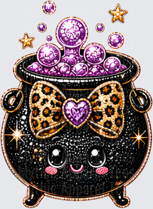 Halloween Bling Cute Kawaii Black Cauldron with Leopard Print Bow Purple Bubbling Potion and Gold Stars Glitter Design
