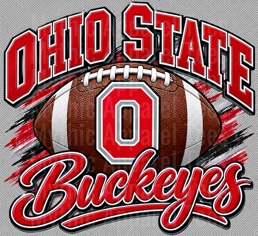 Ohio State Buckeyes Bold Arched Lettering Football Graphic with Block O Logo and Script Buckeyes Red Black and White Brush Stroke Design