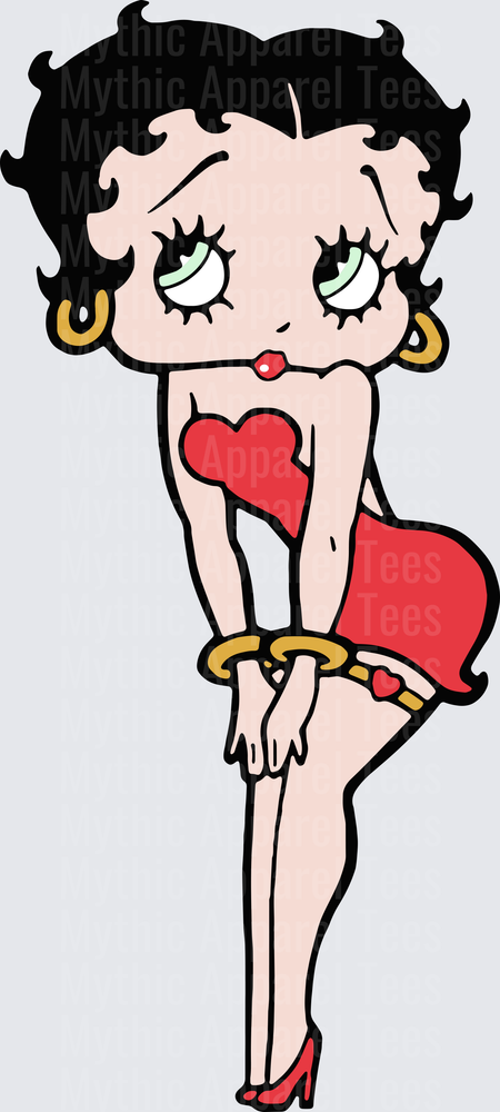 Classic Betty Boop Red Heart Dress Pin-Up Pose with Gold Hoop Earrings and Bracelet